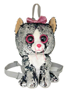 TY Fashion Flippy Sequin Backpack KIKI the Cat Reversible with Ty Heart Tag Zip